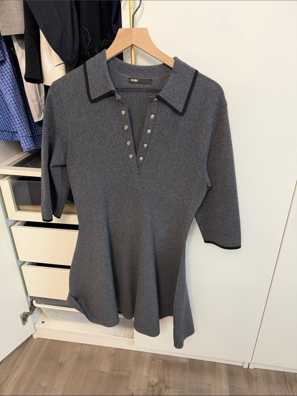 Maje Charcoal Gray Polo-Style Knit Tunic with Contrast Trim